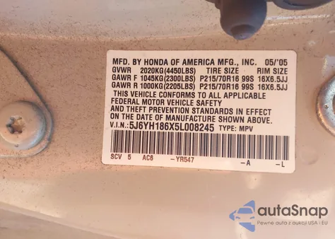 2005 Honda Element Ex z USA, uszkodzony, nr VIN 5J6YH186X5L008245